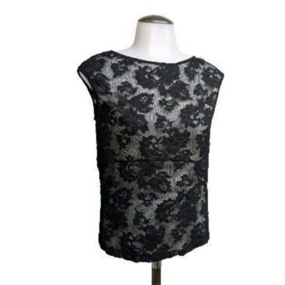 Bebe Top Women Large Lace See-thru Sleeveless Mesh Blouse Black Made USA L - Picture 1 of 7